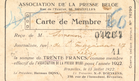 Tessera dell’Associazione Giornalisti della stampa liegese, 15 luglio 1922 Collection Fonds Georges Simenon – Université de Liège